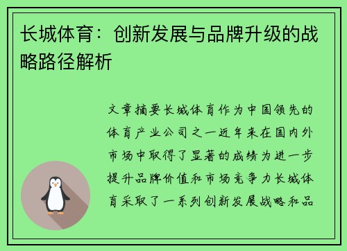 长城体育：创新发展与品牌升级的战略路径解析